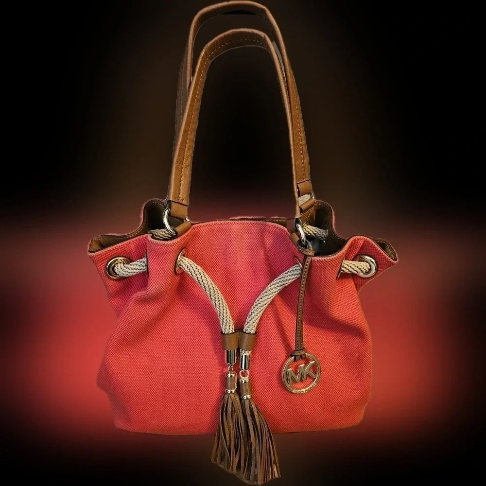 Michael Kors  Canvas  Drawstring Tote Vibrant Orangey Pink - Picture 4 of 8